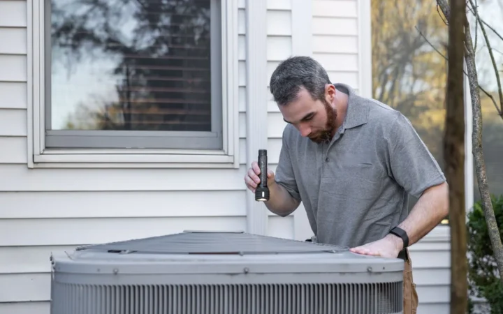 Technician inspecting a residential outdoor HVAC unit with a flashlight